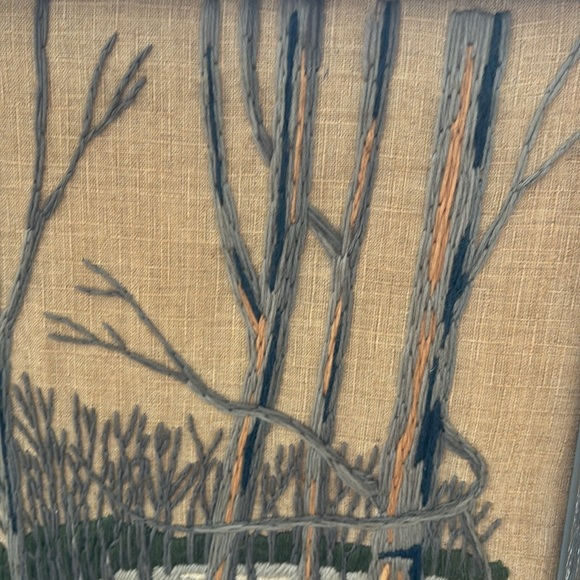 Vintage crewel sugar shack and maple trees, rustic frame, 12.5 x 23 inches - Picture 3 of 7